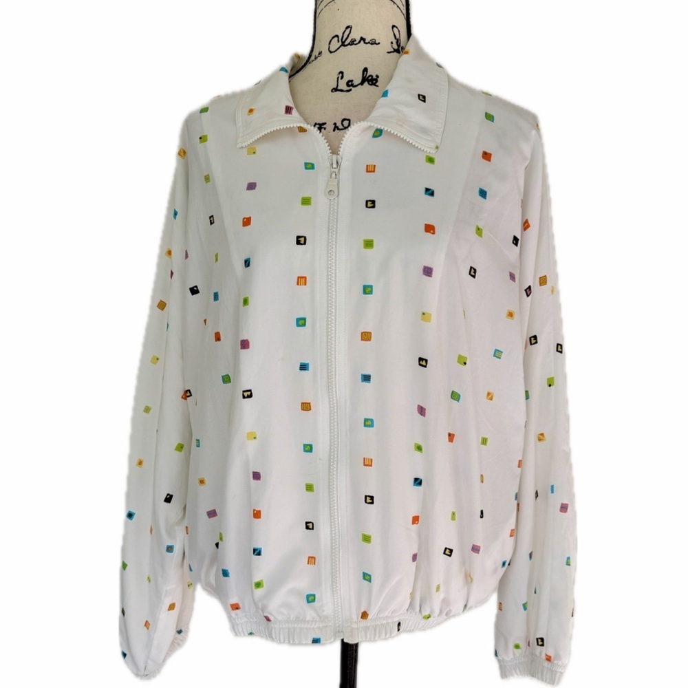 Y2K 90’s LSH Track Jacket Ivory Colorful Dots Zip-Up Made in USA Sz L Retro Core